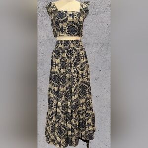 Floral Boho Print Maxi Skirt Set- Navy Blue and Cream